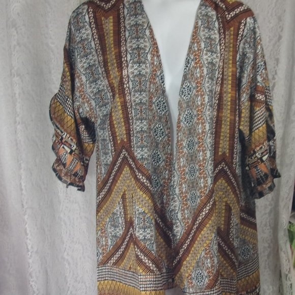 Kimono Jacket Geometric Design Black Gold Brown - Picture 2 of 7